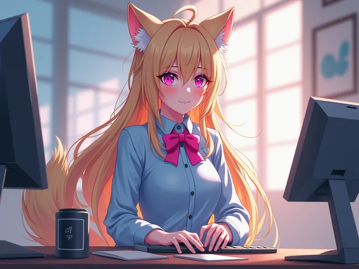  blonde anime girl with pink eyes but wearing a light blue shirt , a tie in the shape of a pink bow ,  that is a werewolf with a long tail and that is on a desk with a computer