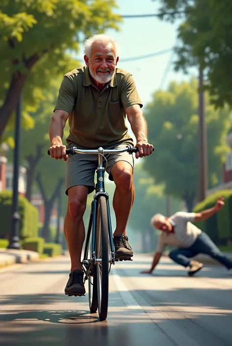 Create a realistic image of a grandpa riding a bike and another one falling on his bike to the ground 