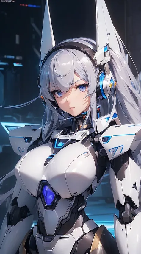 (( intense action pose :1.7))、(((Dual-Handed Weapon Style)))、(( Possession of a sword:1.6))、((Shining lenses on both breasts:1.3))、(( 3d rendering of character art in 8K with blue columns of light emitting from both chests ..:1.3))、smile、((8k)), ((32K)), (...