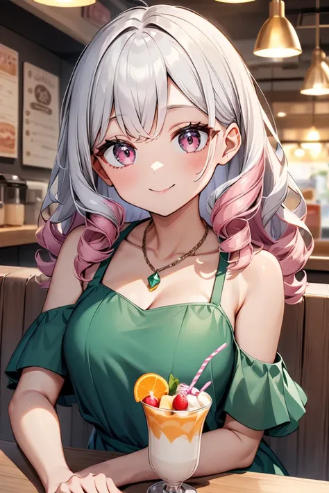  girl with a long , curly , silver hair with pink locks ,  pink eyes in cute , short, emerald summer jumpsuit with orange magic stone necklace, sitting in a cafe drinking a milkshake with sweets 