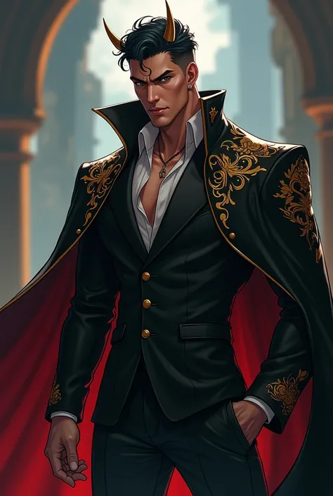 Epic anime, full body, demon man, elegant, glamour, handsome, short fade hairstyle, with cloak