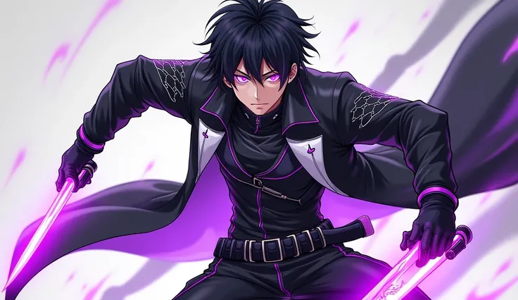 Anime-style illustration inspired by Solo Leveling, featuring a male character closely resembling Sung Jinwoo in a dynamic and powerful battle pose, wielding two glowing daggers. The protagonist has an imposing presence, with messy black hair adding a rebe...