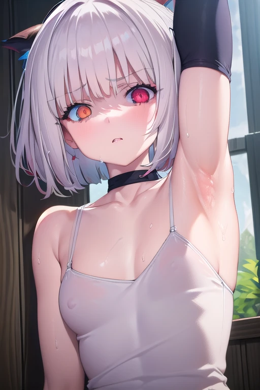 masterpiece, best quality, ultra-high-detailed, Disgusted face, deep eyes,  glare eyes, bare shoulder, focus to armpit, upper body, arms up, arms behind head, armpit crease, eyeshadow, white croptop, tank top, camisole , cynical look eyes, fit girl, arms s...