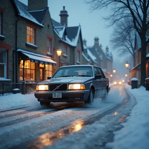  1995 Volvo 940 drives through an old English town in winter, very slippery ,  speed effect 