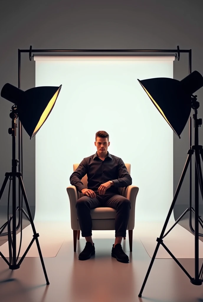 Create an image of @drk sitting in a light setup for video recording