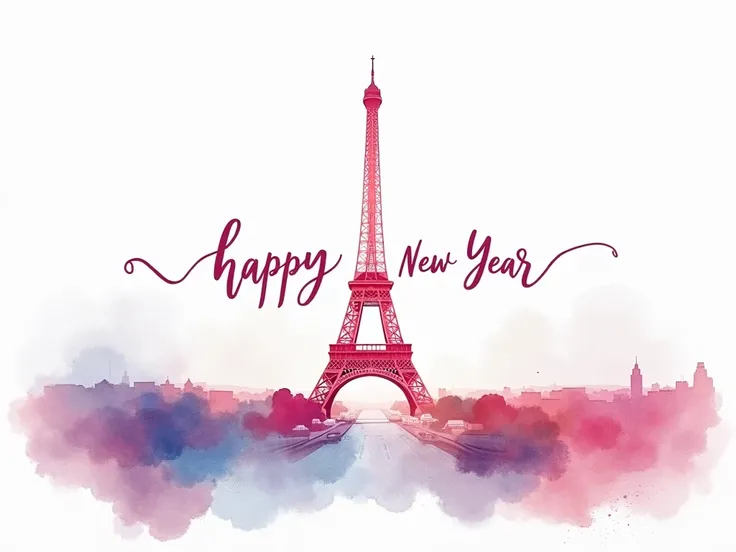 Water Color on paper
White, light pink and light Blue
They are like a eiffel tower in paris and paris city.   and have the big sentence Happy New Year in the senter of picture.