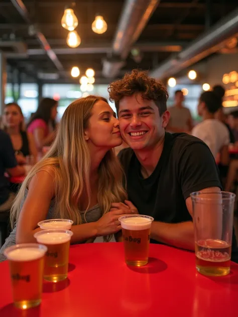 A cozy, candid scene of a young couple sitting together at a social gathering. The girl, with long blonde hair, leans in to kiss the boy affectionately on the cheek, while he smiles with a slightly smug and content expression. They sit at a vibrant red tab...