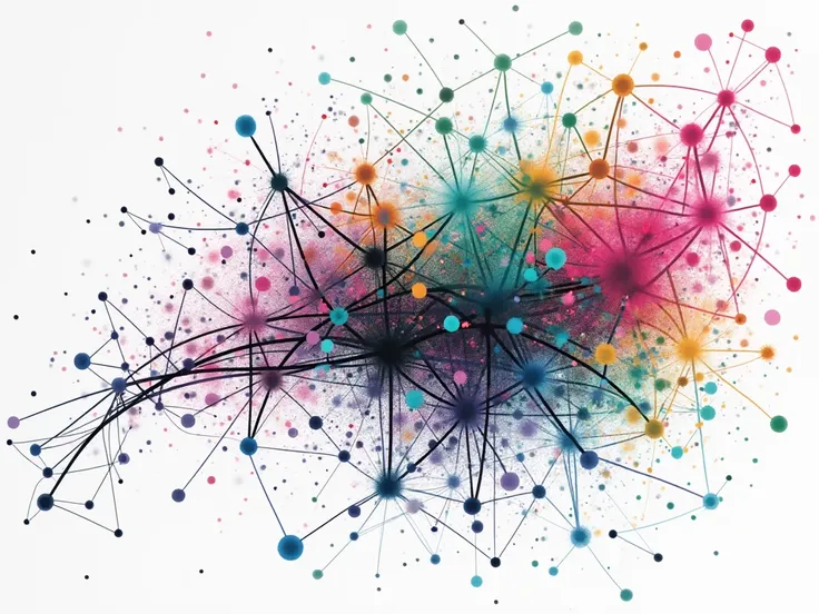 Create a psychedelic, abstract network visualization. Use a variety of vibrant, pastel colors like pinks, blues, greens, and yellows. The nodes should be small, dense clusters of color, and the edges should be thin, wispy lines that connect the nodes in a ...