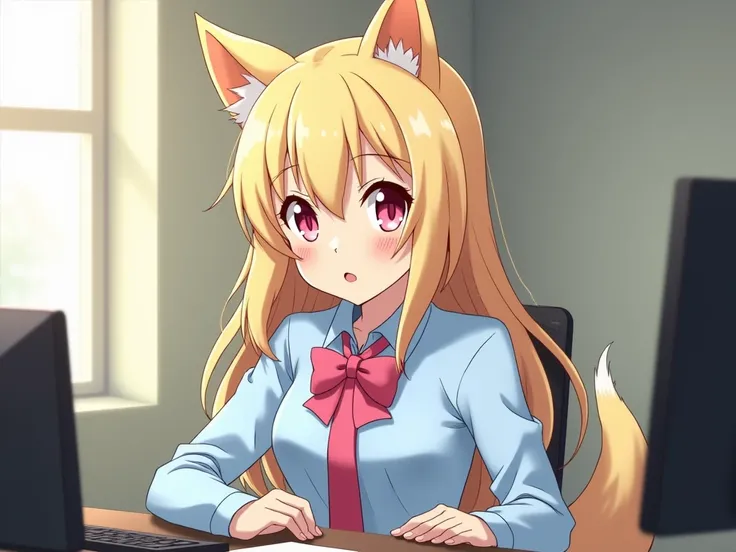  blonde anime girl with pink eyes but wearing a light blue shirt , a tie in the shape of a pink bow , Let it be a werewolf with a long tail and that it is on a desk with a PC that looks like Marin Kitagawa