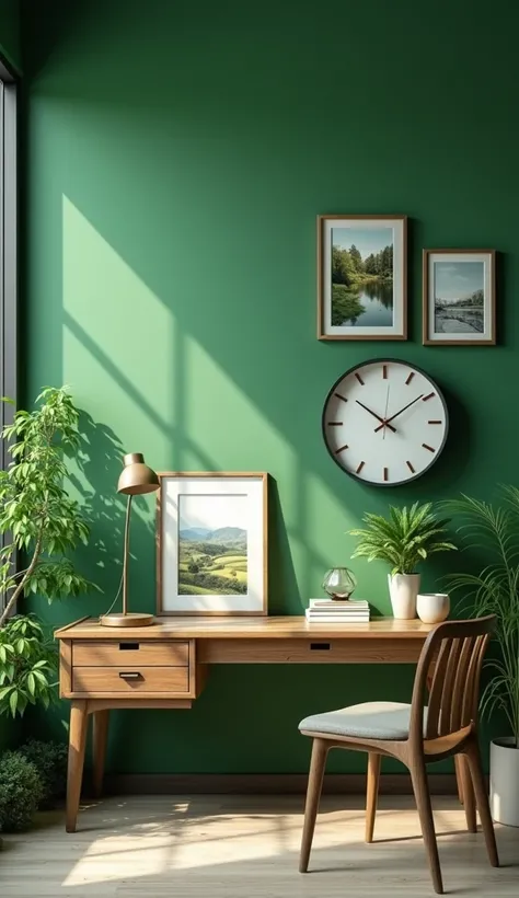 To create a Facebook reel, create a beautiful background, the background color will be green, next to it there will be a wall clock, a table, some natural scenery frames. The front part will be empty.