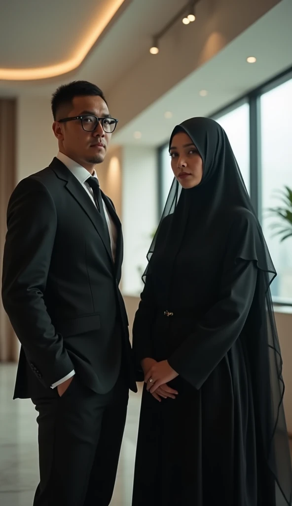 In a minimalist modern setting ,  two figures are seen standing side by side in an office space with an elegant and clean design.  A man wearing a black suit and glasses ,  displays a professional and confident impression , while beside her ,  a woman dres...