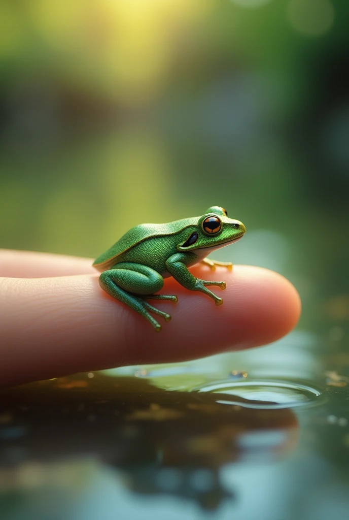 . "A miniature frog sitting calmly on a mans index finger, with its shiny skin reflecting sunlight near a serene pond."