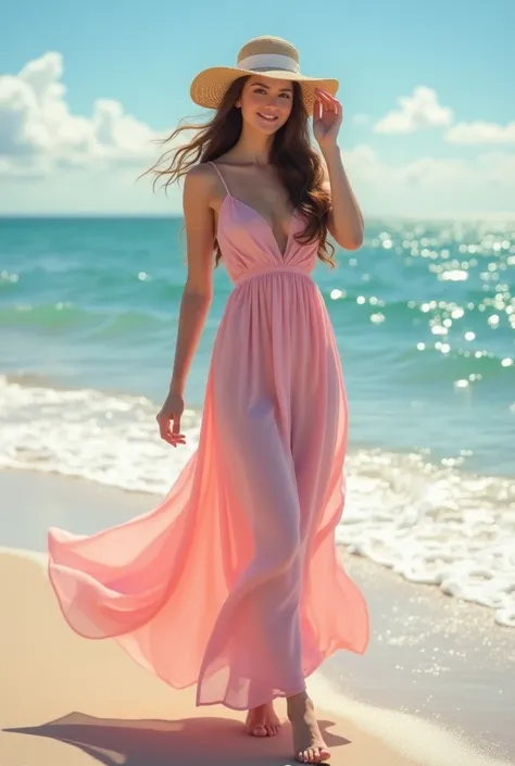 Beautiful long haired brown woman wearing pink dress walking on the beach with her hat and her hand on it realistic ultra HD image 