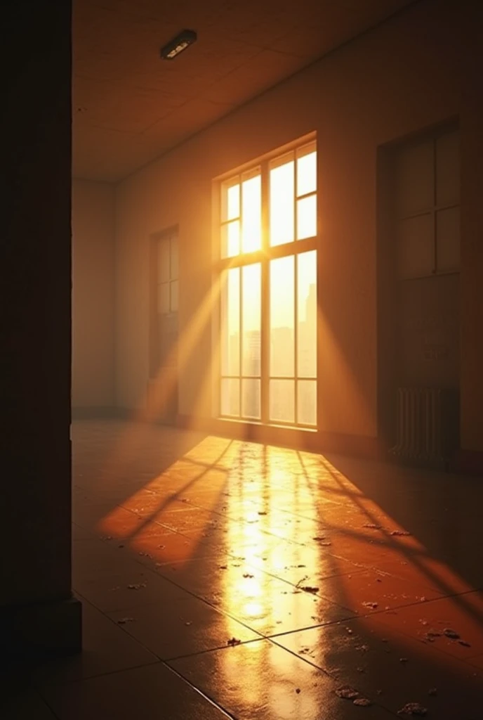 Dark room with large windows illuminated by the sun