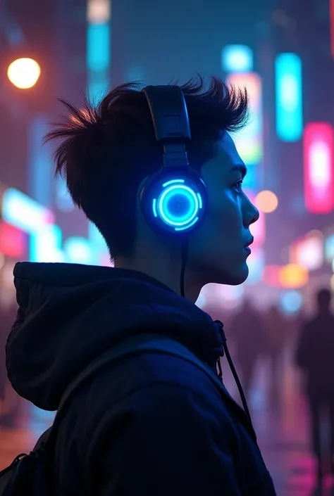 a photorealistic image of a person wearing futuristic headphones with translucent frosted polycarbonate ear cups, glowing with multicolored LED lights that mimic the aurora borealis. The headphones project vibrant light waves in sync with the music, animat...