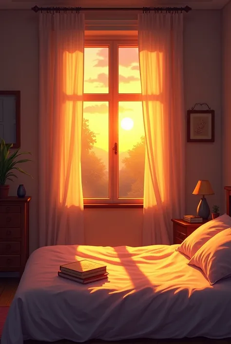 An animated aesthetic scene of a sunrise streaming through a bedroom window. The room has a cozy feel with soft shadows, a neatly made bed, and warm tones. The lighting is slightly dark yet inviting, with paint-like strokes giving the image a calming, arti...