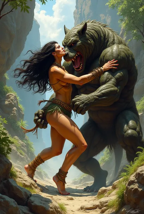 Amazonian nude girl fighting a monster in frazetta art style
