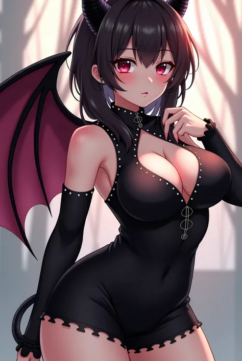 a close up of a woman in a black outfit with a bat on her shoulder, an anime drawing by Shitao, pixiv, gothic art, beautiful succubus, succubus, succubus in tight short dress, demon anime girl, succubus | medieval, oppai, demon girl, lilith, seductive anim...