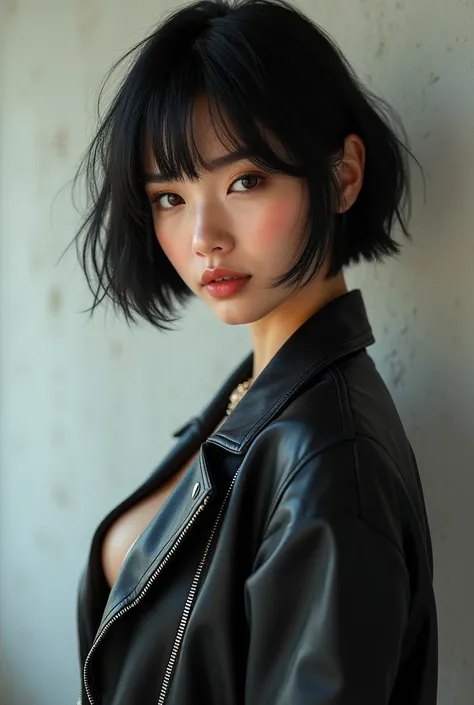 Very beautiful girl with style and fashionable clothes with short black hair 