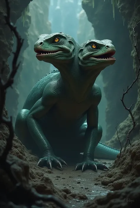 Dark place with a 2-headed lizard