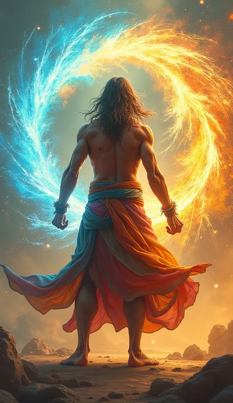 A four element bender, a stocky muscular middle-age man, rainbow dhoti, long wavy rainbow hair, casting incantation that creates stone and soil vortex, water vortex, fire vortex and cloud vortex. All vortexes blended and crash into each other in a powerful...