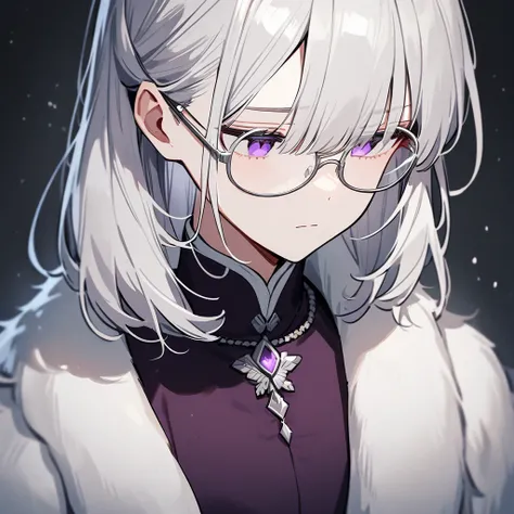 Anime girl, silver hair, dark purple eyes, silver rimmed glasses, beautiful, cold expression, apathetic, emotionless face, dark background, cool, noble, aristocratic