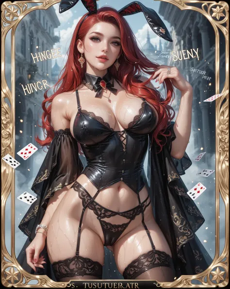 intelligent beauty, wet breast slightly revealing, wet camel toe, red hair, make-up, amorous and cool face, superlative body proportion, wearing naughty lingerie bunny, background tarot card style picture frame, shading effects, gradation magic effects, fo...