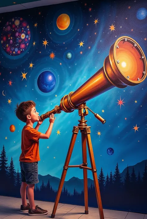 generate a picture of a mural where there is a boy looking through the telescope and there are constellations on them