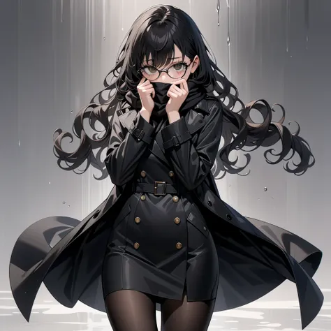 masterpiece, highest quality, highest resolution, clear_image, detailed details, black hair, long slightly curly hair, 1 girl, black tired eyes, black trench coat , black silk mini pencil skirt, black scarf partially covering the face, black pantyhose, ful...