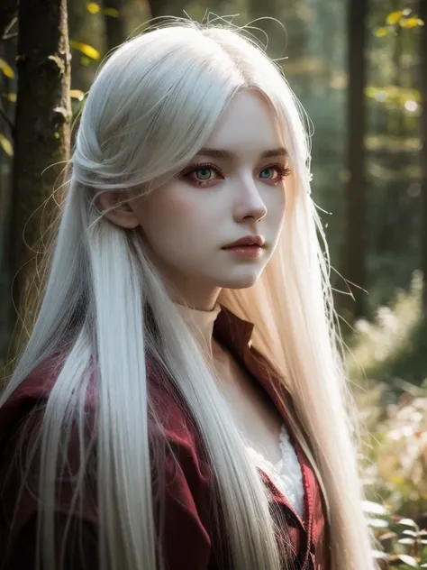 Beautiful girl with long white hair,  white skin, And red eyes, In the woods with cinematic lighting, It&#39;s dark and there&#39;s little light.  Shes wearing a golden white dress, Her eyes were focused,  looking at viewers. Her skin is white, Her face wa...