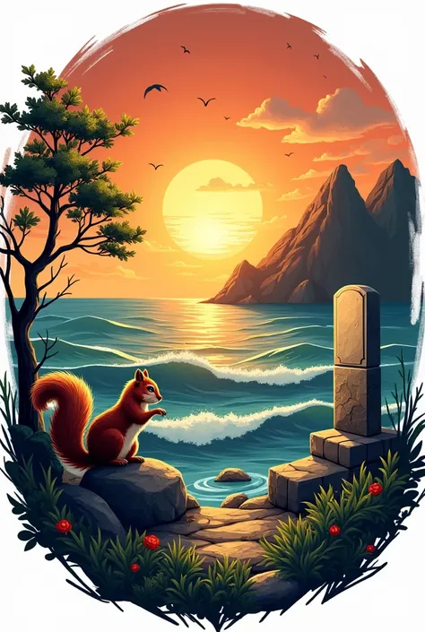 create a coat of arms with a sunset over the sea, a mountain behind the sunset and a squirrel in the foreground on the left side and a stele on the right side.