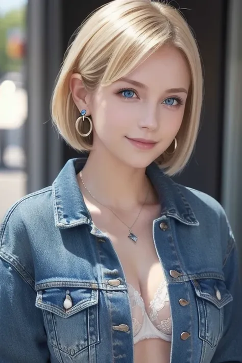  1 girl, Alone, Android 18, Blonde,  blue eyes,  short hair,   jewelry,  earrings for women with first name, smile,  jacket,  Facing Side , denim, denim  jacket,  upper body,  lingerie,   closed mouth , cloud, null, day,  look away, blue null, 1 collarb,