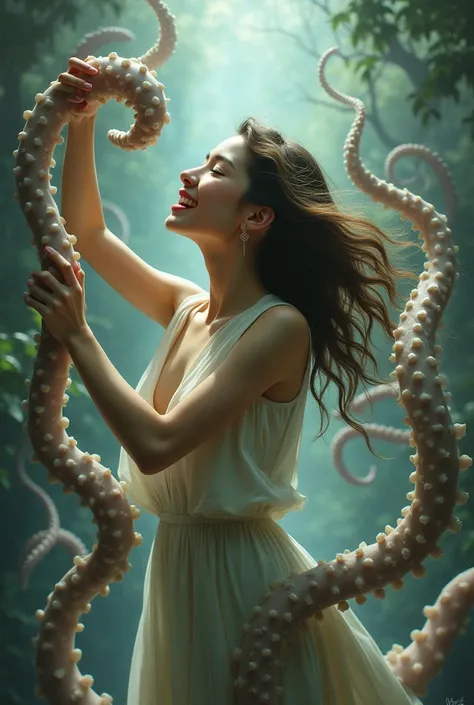 Create a picture of a woman barefoot being tickled by tentacles