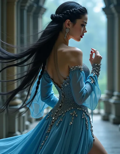 Woman with her back black hair .  long hair with a braid , Dancing, Gothic costume with silver ornaments  ,high forehead,  blue eyes, 27 year old , light blue high boots .  big boobs beautiful legs.