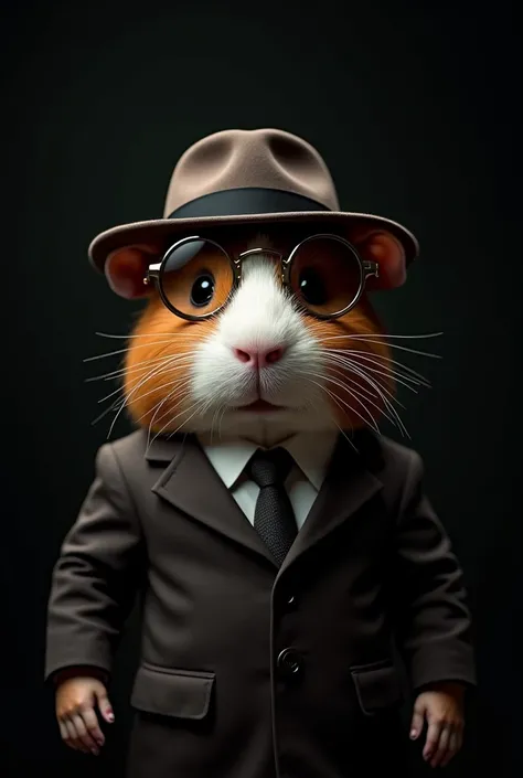 photo of a guinea pig with a black background, and wearing glasses and a hat like a mafia