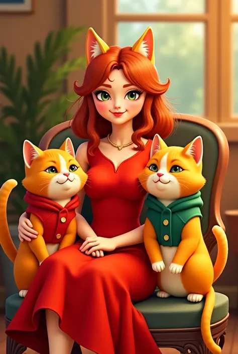 whiteCat woman wearing a red dress with  is sitting happily on a chair at home, along with an orange cat wearing a red vest and an orange cat wearing a green vest.