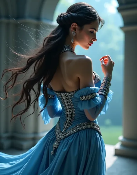 Woman with her back and black hair embracing.  long hair with a braid , Dancing, Gothic costume with silver ornaments  ,high forehead,  blue eyes, 27 year old , light blue high boots .  big boobs beautiful legs.