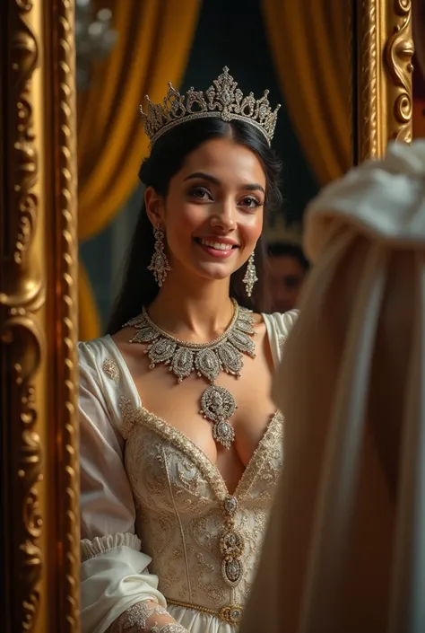 A very clear ultra HD dynamic image of "The youngest queen seated before an ornate mirror in a lavish chamber, as the king presents her with an intricate diamond necklace. Her expression is joyful yet slightly vain, while the chamber reflects opulence with...