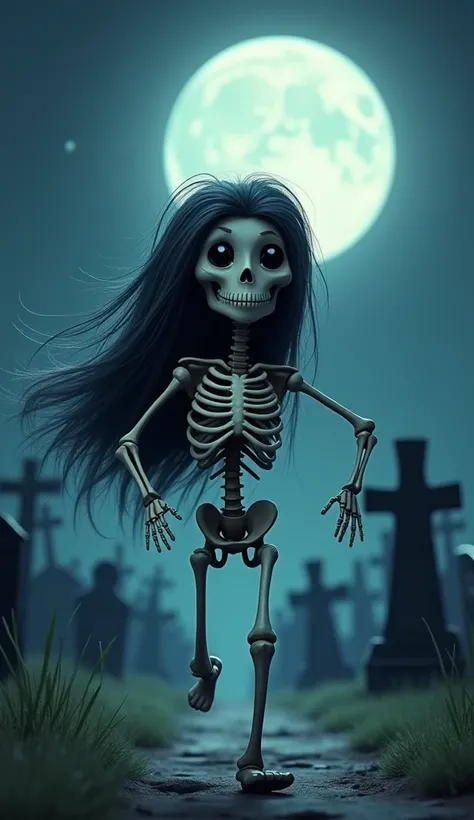 This image shows a scene with a skeleton character wearing a long, flowing wig running through a cemetery under a bright full moon. The background features gravestones and crosses, contributing to the eerie nighttime atmosphere. The skeletal figure is anim...