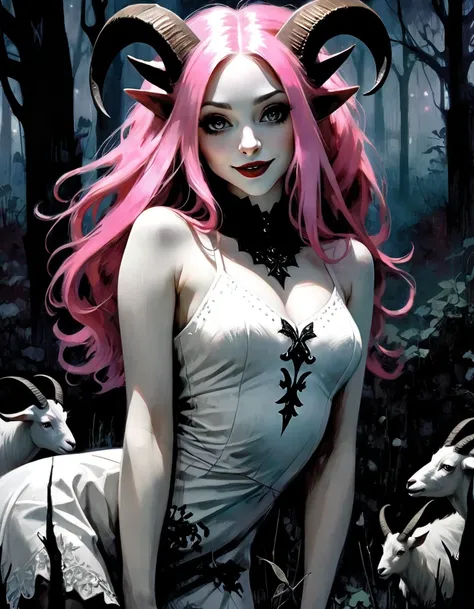 girl with very long pink hair, very sexy white dress, stockings, crazy smile, , dark forest, night, satanic goats, dark floral, black and white sketch style, art inspired by Bill Sienkiewicz and Dave McKean, (best quality,4k,8k,highres,masterpiece:1.2),ult...