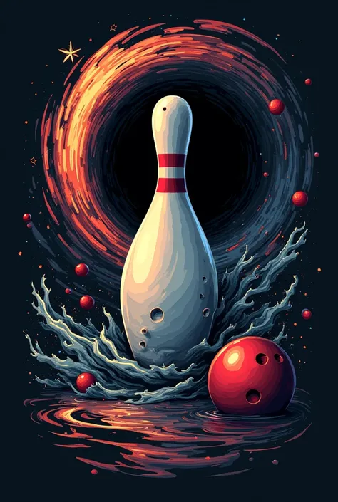 Make a black hole bowling alley logo with a bowling pin and a soju bottle