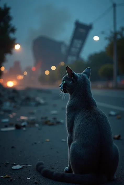  Photo of a gray cat with blue eyes watching a bridge called San Martín collapsing in the 2010 earthquake at 3.34 at night .