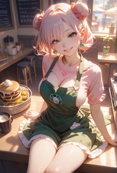 Perfect face, perfect anatomy, best quality, young woman 26 years old, pleasant and friendly, sitting at a booth in a coffee shop, bottomless under her apron, playful naughty smile, perfect! Thank you! *smiles lovingly at you*, *I sit down with you and loo...