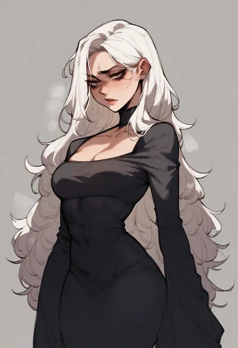 sexy woman, white hair; long hair; big bobbies; black dress