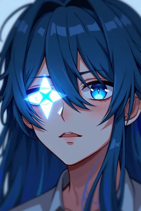 A guy with long blue hair with blue strands, a little stubble, one blue eye with a three-sided star instead of a pupil, and on the other side of his face it’s like a glitch, and instead of an eye he has a three-sided white glowing star