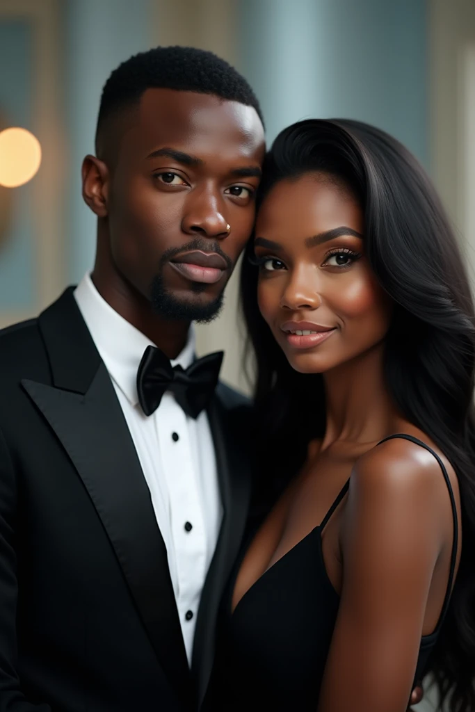 The image features two people, a handsome black man and a beautiful black woman, standing close together. The man is on the left, dressed in a black suit with a white shirt and a black bow tie. He has short black hair and is looking directly at the viewer....