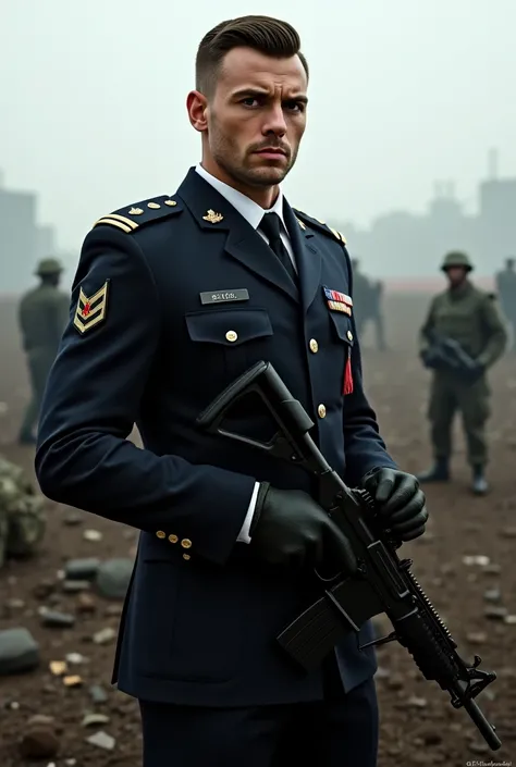 A French soldier standing with a gun in the background is a handsome, tall military unit standing on his side while wearing a military uniform 