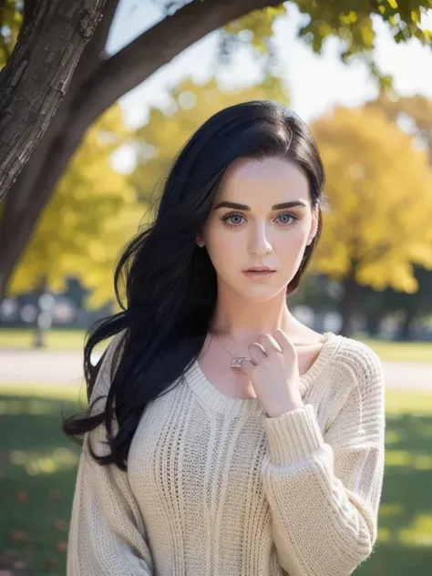 Katy Perry in a sweater,  Portrait,  beautiful faces,  Pretty Eyes , outside,  Portrait, Park, tree々, teeth,  open your eyes,  Award-winning photo ,  top quality ,  upper body,  Jennifer Connelly,  Nikon D850 Film Stock Photo 4 Kodak 400 Camera F1 . 6 lens...