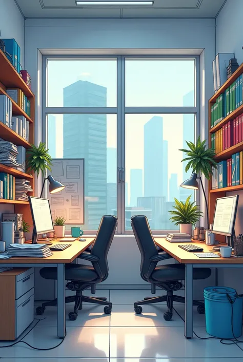 A digital illustration of one workstation showing two different views. A cluttered workspace on the left side while shows an organized side on the right.