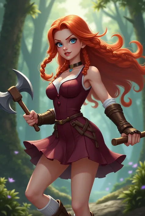 1 girl, long hair, red hair, Nordic braids, blue eyes, subtle muscle, voluptuous build, demure demeanor, cute burgundy dress, white knee socks, armored brown boots, cute, shy flirty aggressive expression, battle axe in right hand, frying pan in left hand, ...